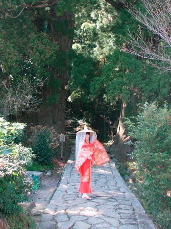 平安衣裳を着て夫婦杉を背景に写真撮影を行うイメージ画像